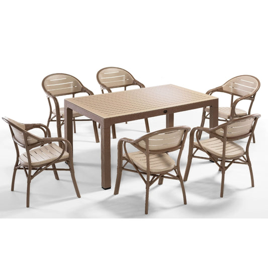 Novussi Bamboo 6'lı Takım Camlı Masa Takımı – 6 Koltuk 4 Renk Seçeneği - Çöl Kahve-Cappucino