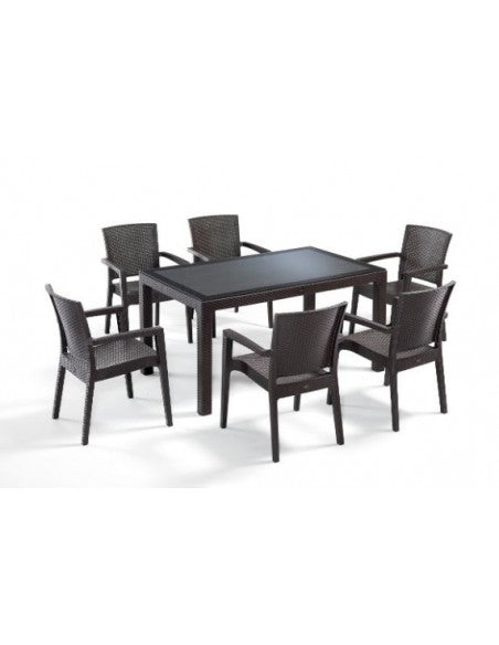 Novussi Liverno 90x150 Rattan Dikdörtgen Camlı Masa 6'lı Takım Paris Koltuk Cappucino