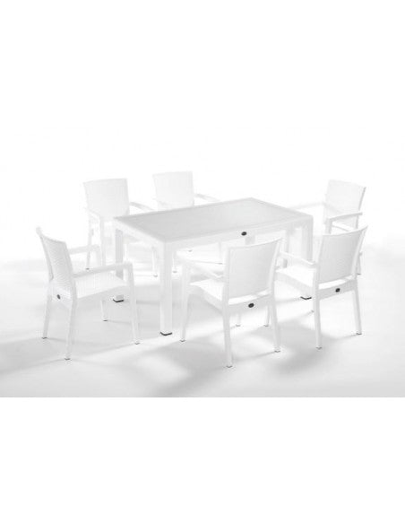 Novussi Liverno 90x150 Rattan Dikdörtgen Camlı Masa 6'lı Takım Paris Koltuk Beyaz