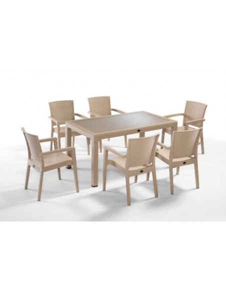 Novussi Liverno 90x150 Rattan Dikdörtgen Camlı Masa 6'lı Takım Paris Koltuk Cappucino